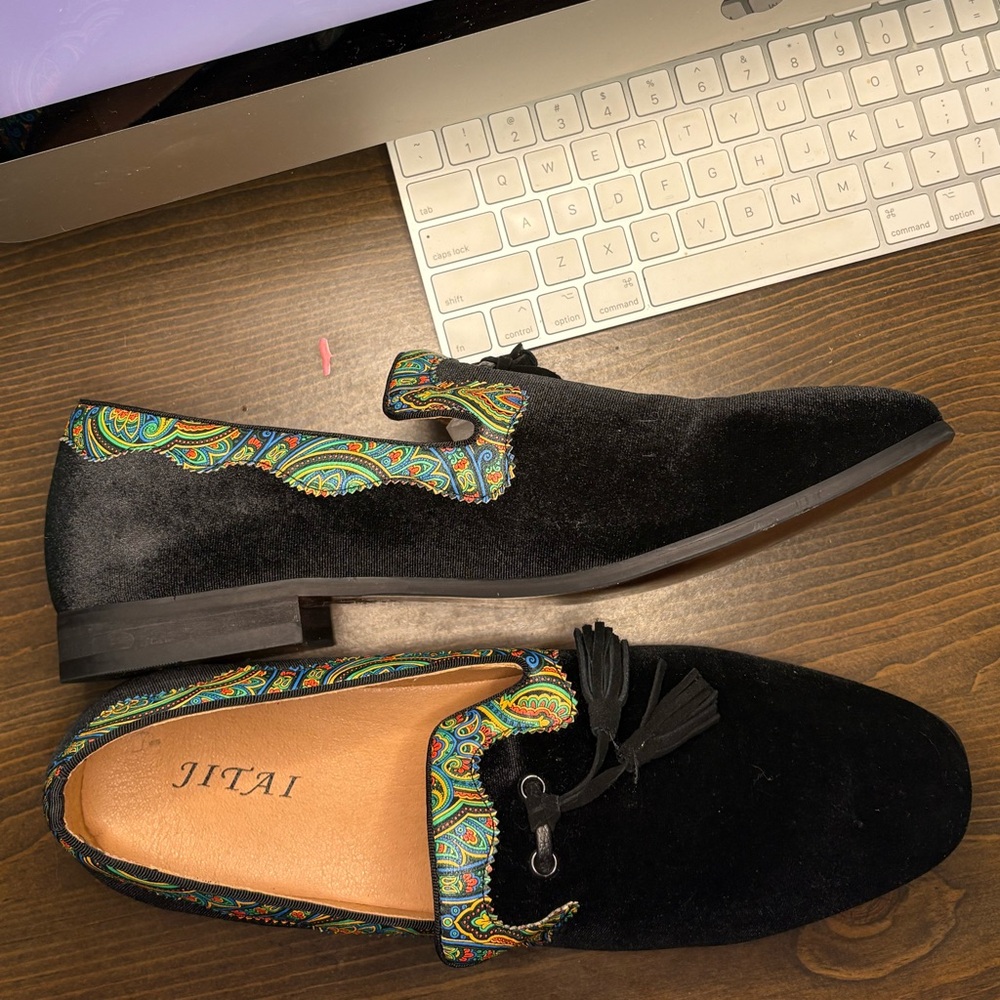 Tai Black Velvet Loafers with Colorful Paisley Accent